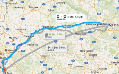 Durch das Berlin-Bonn-Gesetz pendeln viele Mitarbeiter regelmäßig. Foto: Screenshot | Maps