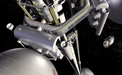 Der Weltraum-Aufzug. Wie heutige Schienennetze mit Zügen könnte er in ferner Zukunft verschiedene Planeten und Raumstationen im All miteinander verbinden. Foto: NASA Marshall Space Flight cente / AFP | Pat Rawling