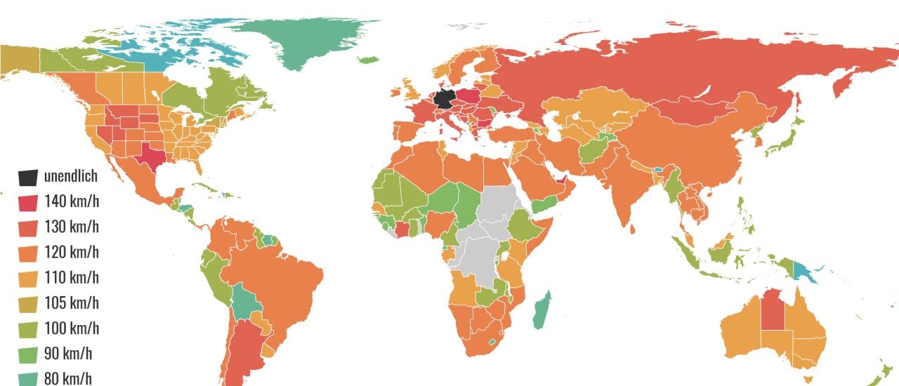 Die Karte der Woche zeigt, welche Länder was für ein Tempolimit besitzen. Graphik: Katapult Magazin