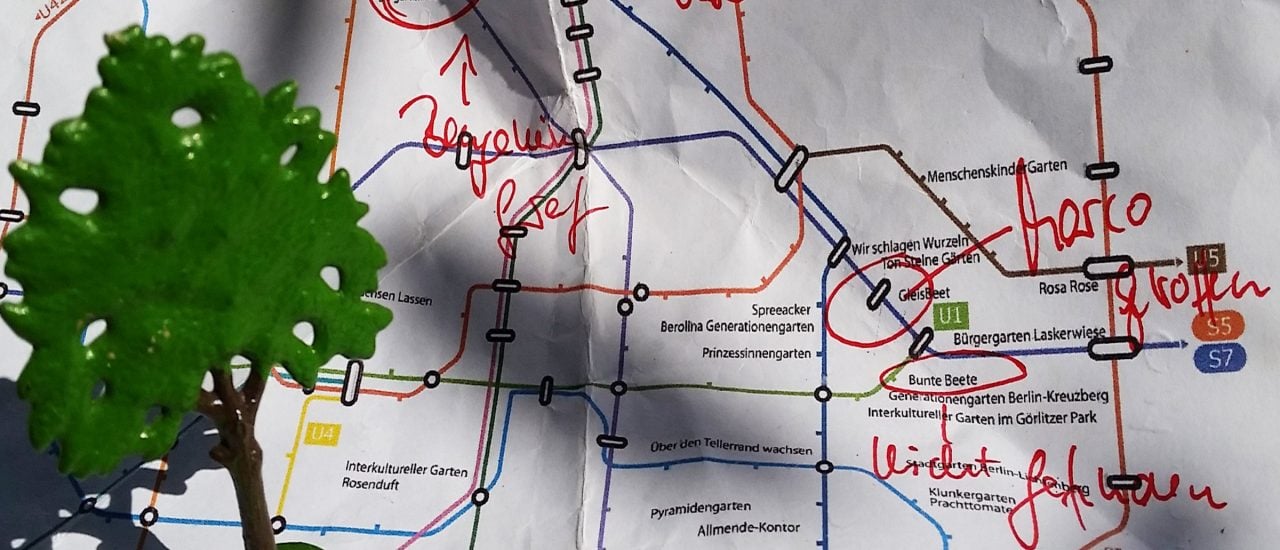Ein Fahrplan mit den Stationen auf Heike Sicconis Tour durch die Guerrilla-Gärten der Hauptstadt. Urban Gardening ist in Berlin jetzt auch anhand von U-Bahn-Routen zu erleben. | Heike Sicconi / privat