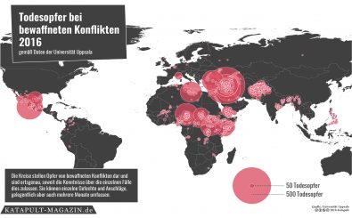 Die Karte der Woche zeigt die Zahl der Todesopfer bei bewaffneten Konflikten im Jahr 2016. Grafik: Karte der Woche | Katapult-Magazin