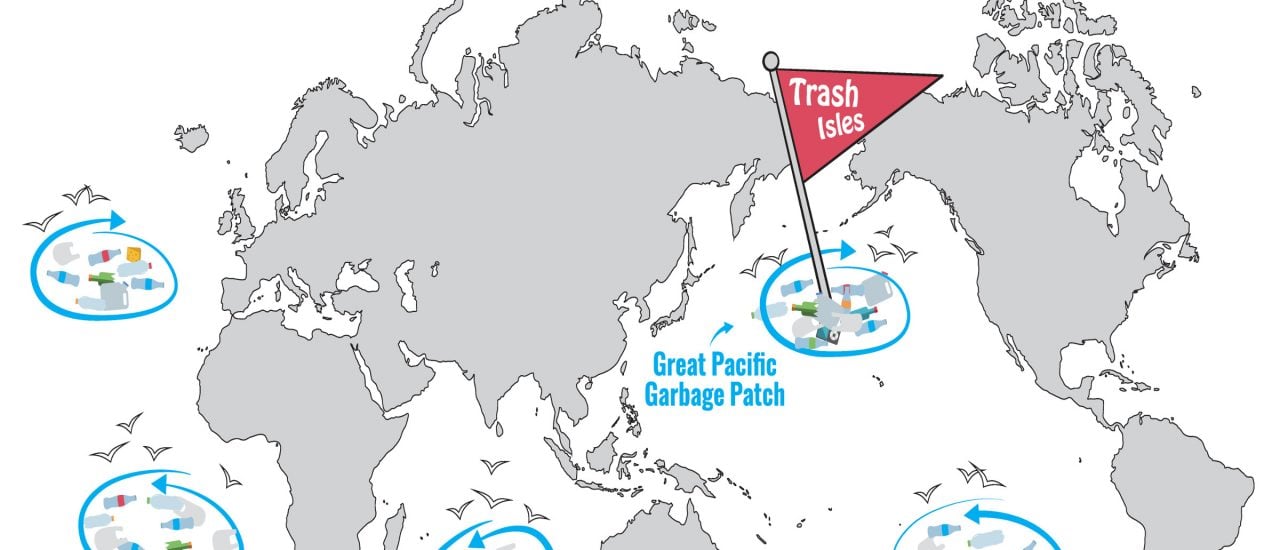 Müllinseln überall. Auf den Weltmeeren sammelt sich Plastik in sogenannten Müllstrudeln. Grafik: Karte der Woche | katapult-magazin