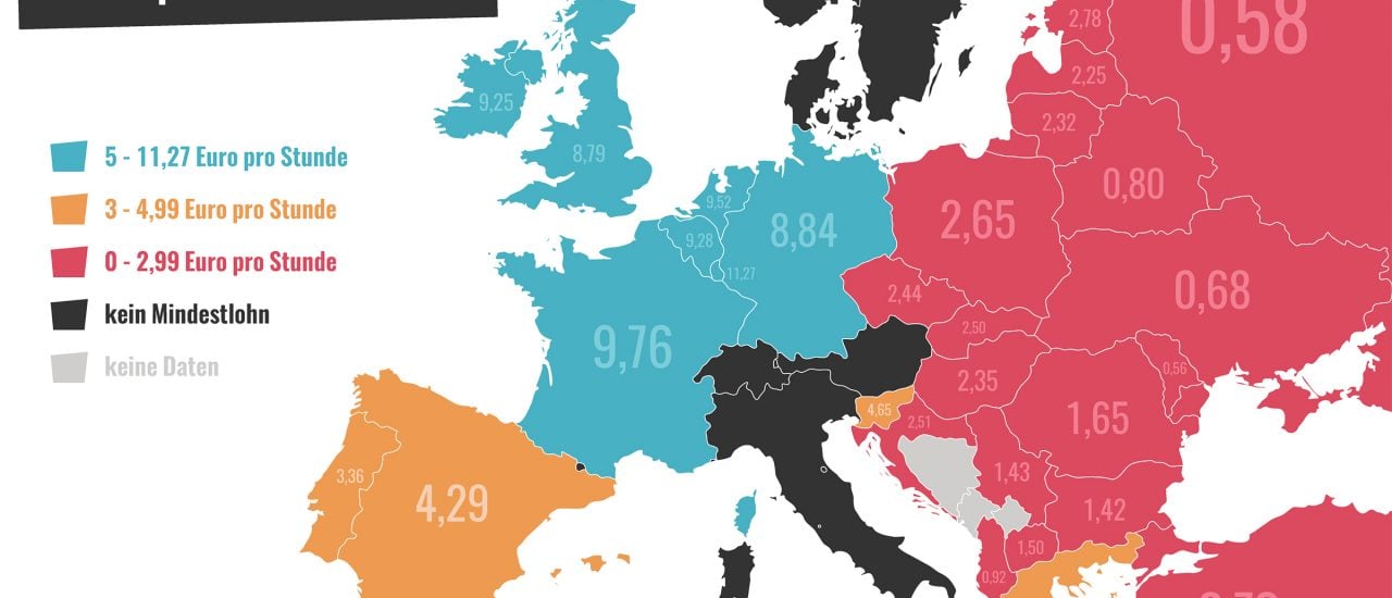 Wie hoch ist der Mindestlohn in Europa? Unsere Karte der Woche. Bild: Gesetzlicher Mindestlohn in Europa | Katapult Magazin