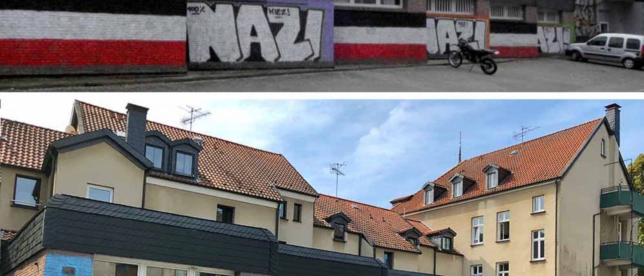 Vorher, nacher: Graffiti-Künstler haben in Dortmund eine Wand mit Nazi-Symbolen übermalt. Seitdem verhindert die Polizei die Rückkehr der Reichsflaggen. Foto: Alexander Völkel | Nordstadtblogger
