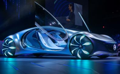The Avatar-themed Mercedes-Benz Vision AVTR concept vehicle is world premiered at the Daimler keynote address by the head of Mercedes-Benz Cars, Ola Kllenius, during the 2020 Consumer Electronics Show (CES) in Las Vegas, Nevada, on January 6, 2020. – CES is one of the largest tech shows on the planet, showcasing more than 4,500 exhibiting companies representing the entire consumer technology ecosystem. (Photo by DAVID MCNEW / AFP)