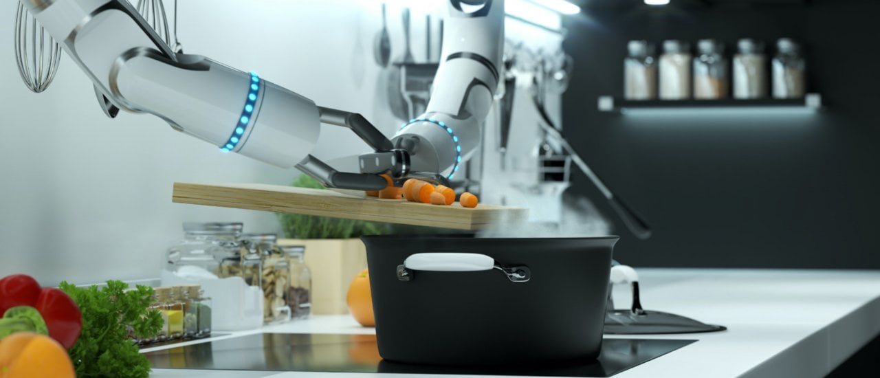 Robot hand prepares soup in a modern kitchen. Dumping the mark into boiling water. 3D illustration. (Foto: u3d/shutterstock.com)
