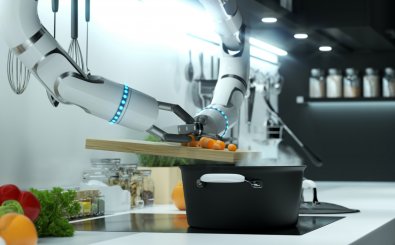 Robot hand prepares soup in a modern kitchen. Dumping the mark into boiling water. 3D illustration. (Foto: u3d/shutterstock.com)