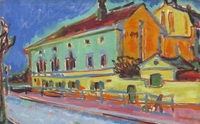 Ernst Ludwig Kirchner, by Houses in Dresden, 1909-10, German painting, oil on canvas. This work was painted while Kirchner’s style was a fusion of Fauvism, Art Nouveau, and Die Brucke group German Ex. Foto: Everett Collection / Shutterstock