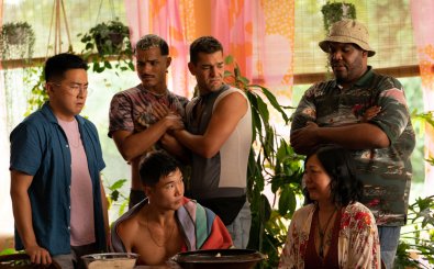 Bowen Yang, Tomas Matos, Matt Rogers, Torian Miller, Joel Kim Booster and Margaret Cho in the film FIRE ISLAND. Photo by Jeong Park. Courtesy of Searchlight Pictures. © 2022 20th Century Studios All Rights Reserve