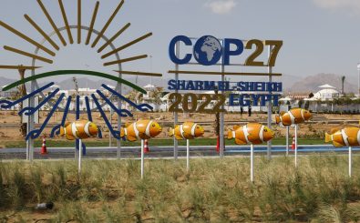 A picture shows the entrance of the Sharm El Sheikh International Convention Centre, in Egypt’s Red Sea resort of the same name, on November 7, 2022, during the 2022 United Nations Climate Change Conference, more commonly known as COP27. (Photo by Ludovic MARIN / AFP)