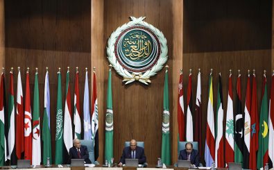 Egyptian Foreign Minister Sameh Shoukry (C), Arab League Secretary-General Ahmed Aboul Gheit (L), and assistant Secretary-General of the Arab League Hossam Zaki (R)  attend an emergency meeting of Arab League foreign ministers in Cairo on May 7, 2023. (Photo by Khaled DESOUKI / AFP)