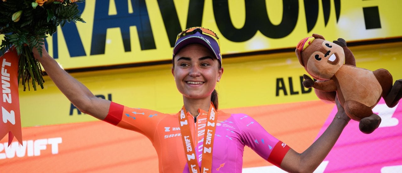 Canyon-SRAM Racing’s German rider Ricarda Bauernfeind celebrates on the podium after winning the fifth stage (out of 8) of the second edition of the Women’s Tour de France cycling race 126,5 km between Onet-Le-Chateau and Albi, in the Tarn region south-western France, on July 27, 2023. (Photo by Jeff PACHOUD / AFP)
