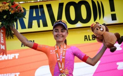 Canyon-SRAM Racing’s German rider Ricarda Bauernfeind celebrates on the podium after winning the fifth stage (out of 8) of the second edition of the Women’s Tour de France cycling race 126,5 km between Onet-Le-Chateau and Albi, in the Tarn region south-western France, on July 27, 2023. (Photo by Jeff PACHOUD / AFP)