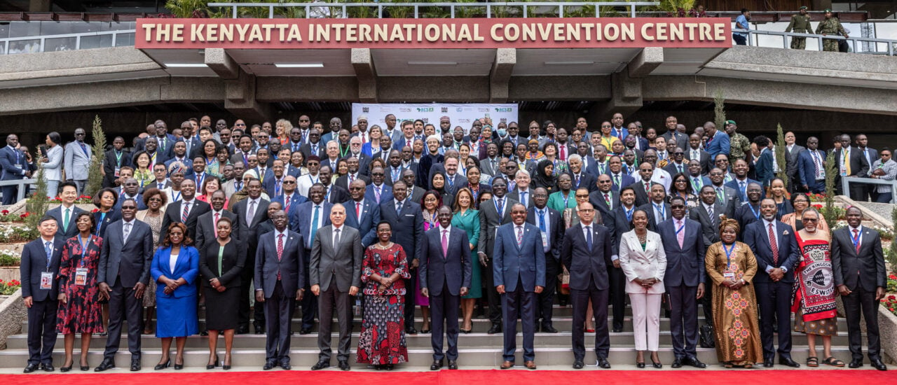 Kenyan President William Ruto (1st row C) and leaders and delegates pose for a family photo during the Africa Climate Summit 2023 at the Kenyatta International Convention Centre (KICC) in Nairobi on September 4, 2023. (Photo by Luis Tato / AFP)