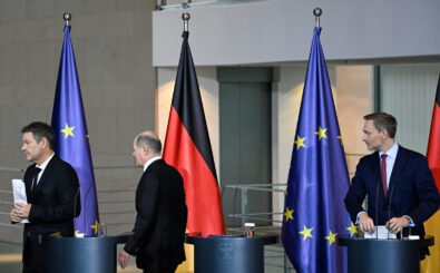 (L-R) German Minister of Economics and Climate Protection Robert Habeck German Chancellor Olaf Scholz and Finance Minister Christian Lindner leave after giving a statement on December 13, 2023 at the Chancellery in Berlin, after reaching a last-minute deal to end a budget deadlock. – German Chancellor Olaf Scholz’s coalition has reached a last-minute deal to end a budget deadlock, after a constitutional court ruling upended its spending plans and plunged it into a crisis. (Photo by Tobias SCHWARZ / AFP)