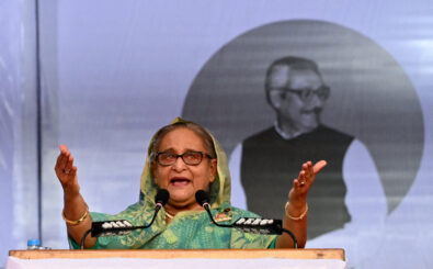 (FILES) Bangladesh’s Prime Minister Sheikh Hasina addresses a rally during an election campaign in Sylhet on December 20, 2023, ahead of the general elections. – Hasina once helped rescue Bangladesh from military rule but her time in power has seen the mass arrest of her political opponents and human rights sanctions against her security forces. The 76-year-old is all but assured of winning a fifth term as prime minister on January 7, 2024, with the opposition boycotting a poll they say will be neither free nor fair. (Photo by AFP)