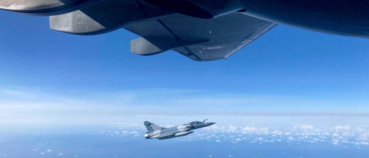 A picture shows French Mirage 2000 fighter jets flying over Estonia, on March 30, 2022. France has taken from Belgium air patrolling duties over Estonia for the upcoming four months, as part of a NATO contingency to reinforce the alliance’s eastern flank amid Russia’s military invasion launched on Ukraine. (Photo by Didier LAURAS / AFP)