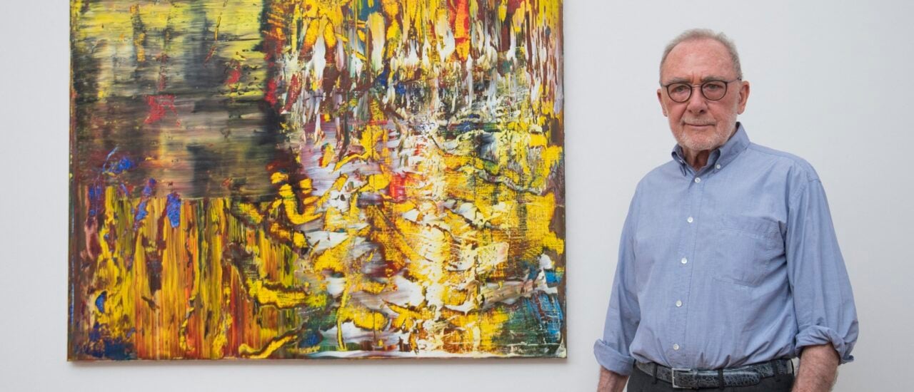 German artist Gerhard Richter stands in front of his „Abstract Painting (950-3)“ during a roundtour before the opening of the new exhibition „Gerhard Richter, New Paintings“ of the Gerhard Richter Archive at Albertinum in Dresden, eastern Germany, on May 19, 2017. On the occasion of his 85th birthday, the Gerhard Richter Archive of the Dresden State Art Collections is holding an exhibition from 20 May to 27 August 2017 with new paintings by the artist. Initially, most of his works were already exhibited in Museum Ludwig, Cologne. Now the paintings, supplemented with seven recently created works, will almost all be exhibited in the Albertinum. (Photo by ROBERT MICHAEL / AFP) / RESTRICTED TO EDITORIAL USE – MANDATORY MENTION OF THE ARTIST UPON PUBLICATION – TO ILLUSTRATE THE EVENT AS SPECIFIED IN THE CAPTION