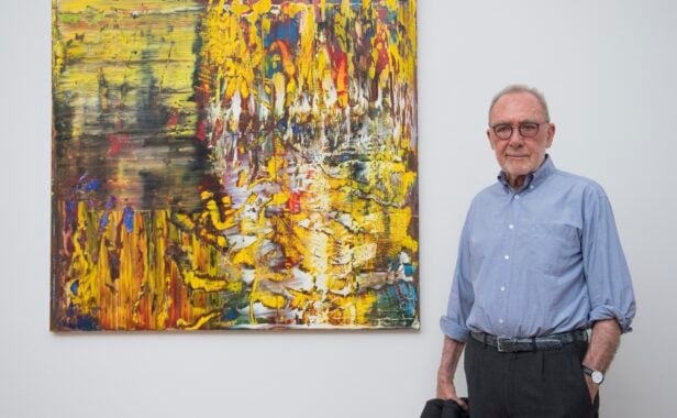 German artist Gerhard Richter stands in front of his „Abstract Painting (950-3)“ during a roundtour before the opening of the new exhibition „Gerhard Richter, New Paintings“ of the Gerhard Richter Archive at Albertinum in Dresden, eastern Germany, on May 19, 2017. On the occasion of his 85th birthday, the Gerhard Richter Archive of the Dresden State Art Collections is holding an exhibition from 20 May to 27 August 2017 with new paintings by the artist. Initially, most of his works were already exhibited in Museum Ludwig, Cologne. Now the paintings, supplemented with seven recently created works, will almost all be exhibited in the Albertinum. (Photo by ROBERT MICHAEL / AFP) / RESTRICTED TO EDITORIAL USE – MANDATORY MENTION OF THE ARTIST UPON PUBLICATION – TO ILLUSTRATE THE EVENT AS SPECIFIED IN THE CAPTION