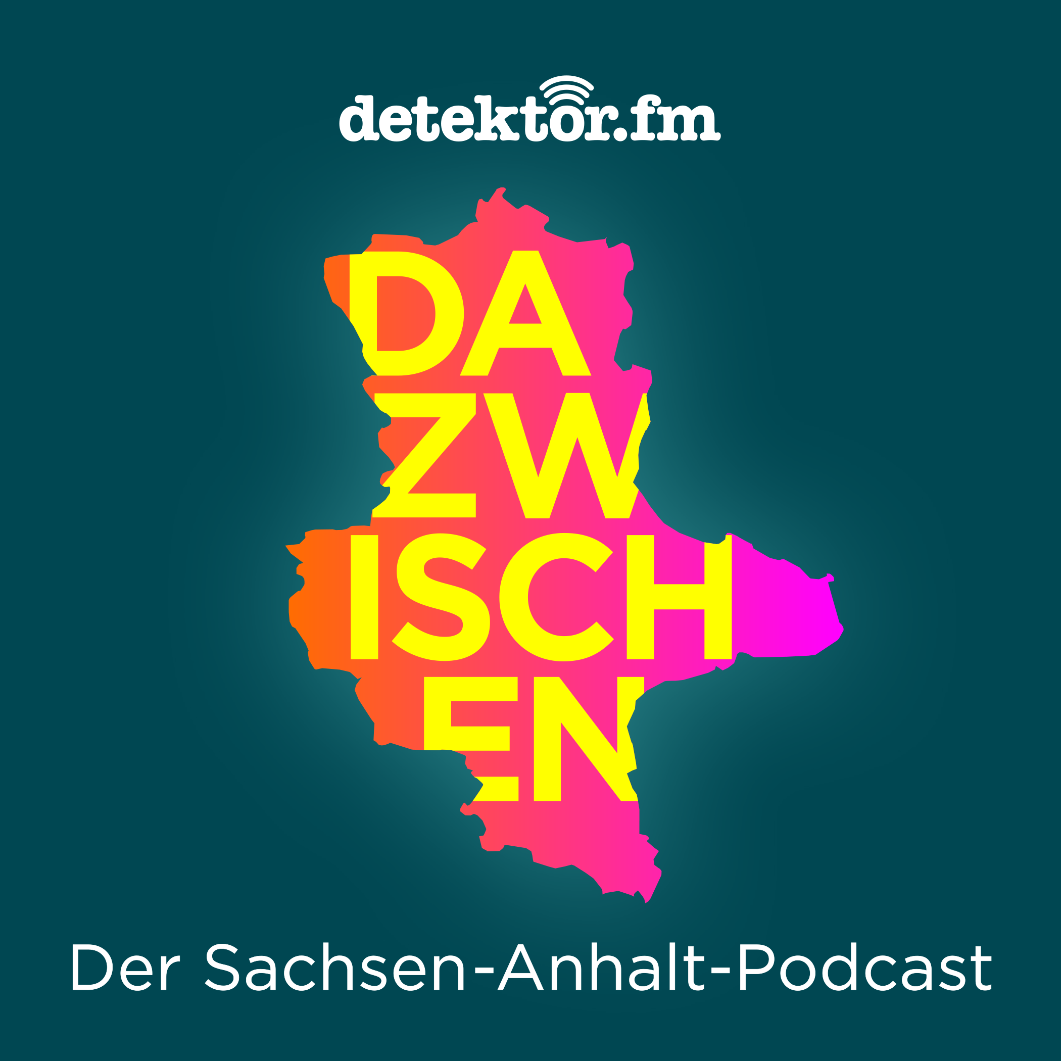 Umriss von Sachsen-Anhalt rosa eingefärbt auf grünem Grund, darin das Wort "Dazwischen"