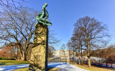 Vigeland Niels Henrik Abel Monument in in the south-east corner of Slottsparken (the palace grounds), since then called Abelhaugen in Oslo, Norway.
